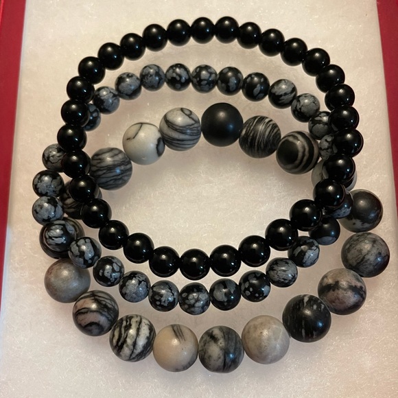 Jewelry - Bracelet stack of three black, grey and white toned stretch beaded bracelets